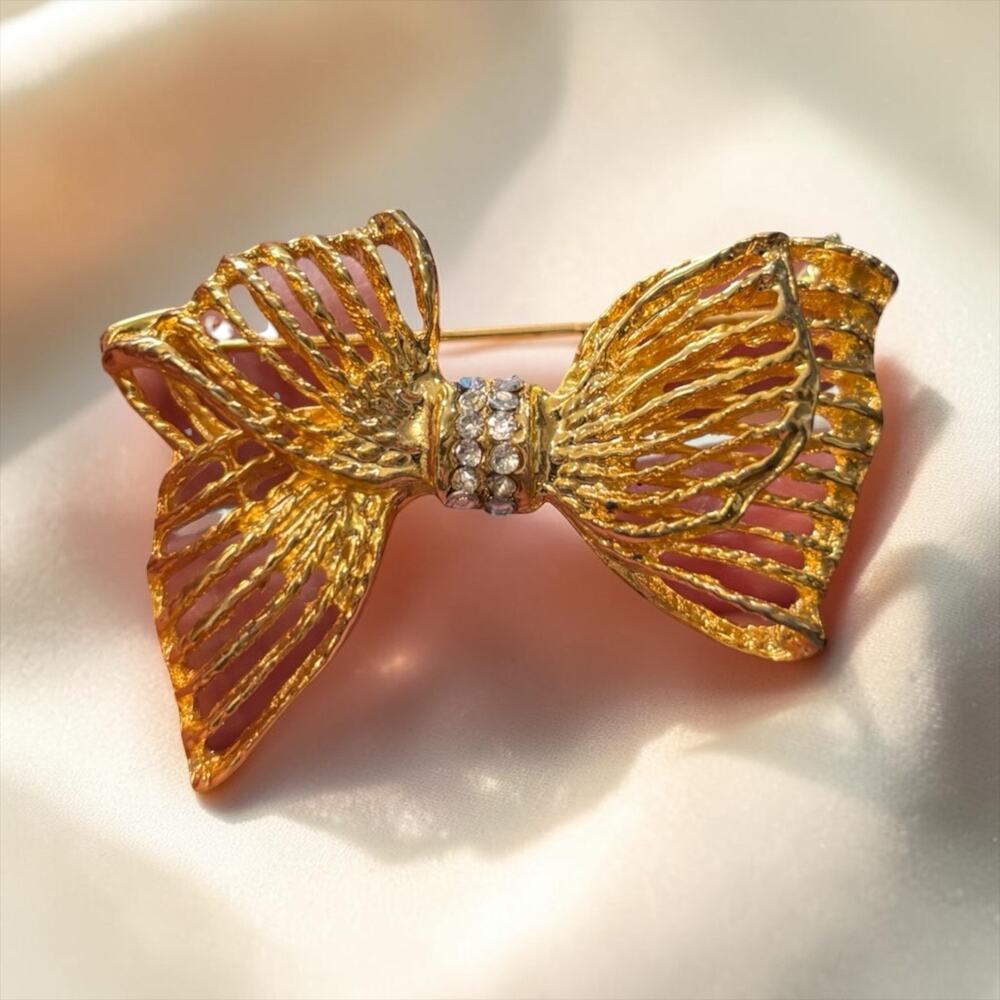 Gold Bow Rhinestone Brooch Openwork Ribbon Coquette Holiday Glam Vintage